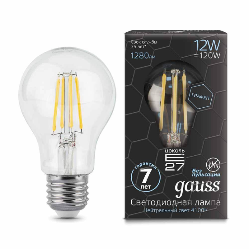 Лампа светодиодная филаментная Gauss E27 12W 4100К прозрачная 102802212 в Санкт-Петербурге