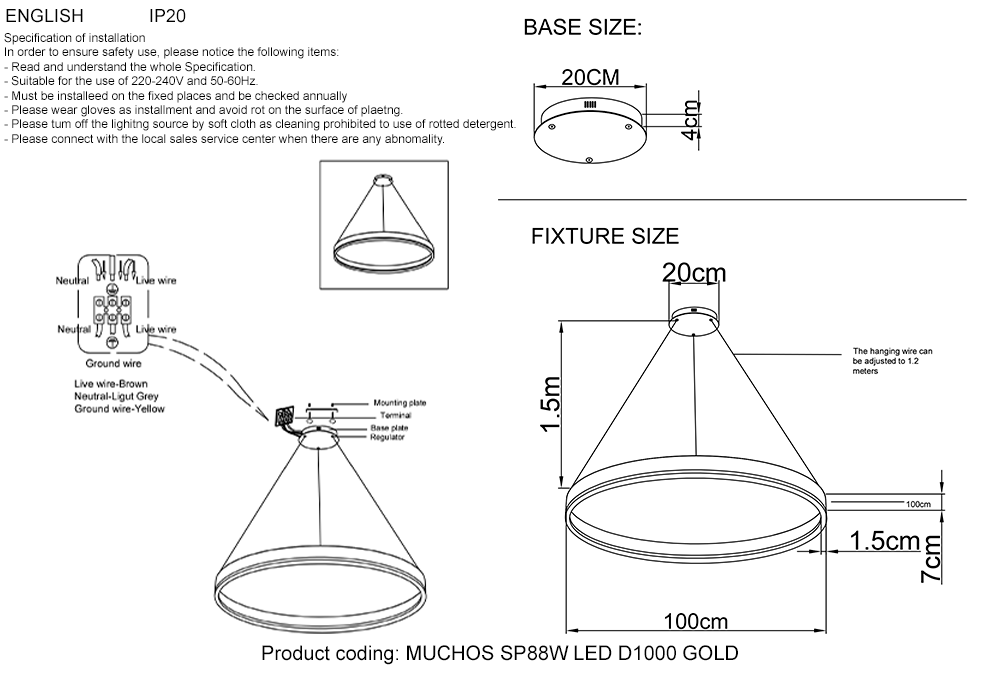 Подвесной светодиодный светильник Crystal Lux MUCHOS SP88W LED D1000 GOLD в Санкт-Петербурге