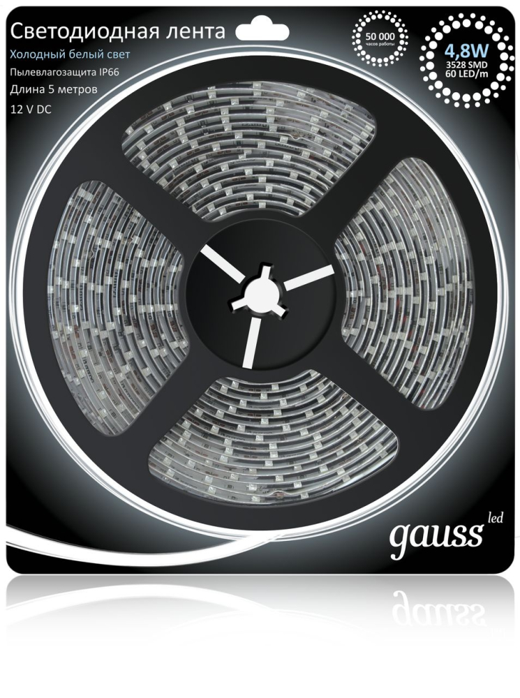Светодиодная влагозащищенная лента Gauss 4,8W/m 60LED/m 2835SMD холодный белый 5M EB311000305 в Санкт-Петербурге