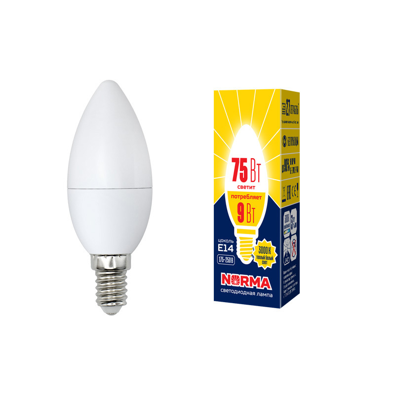 Лампа светодиодная (UL-00003804) Volpe E14 9W 3000K матовая LED-C37-9W/WW/E14/FR/NR в Санкт-Петербурге