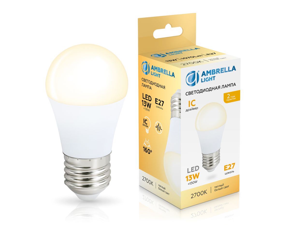 Светодиодная лампа Ambrella Light Bulbing E27 13W 2700K шар 451303 в #REGION_NAME_DECLINE_PP#