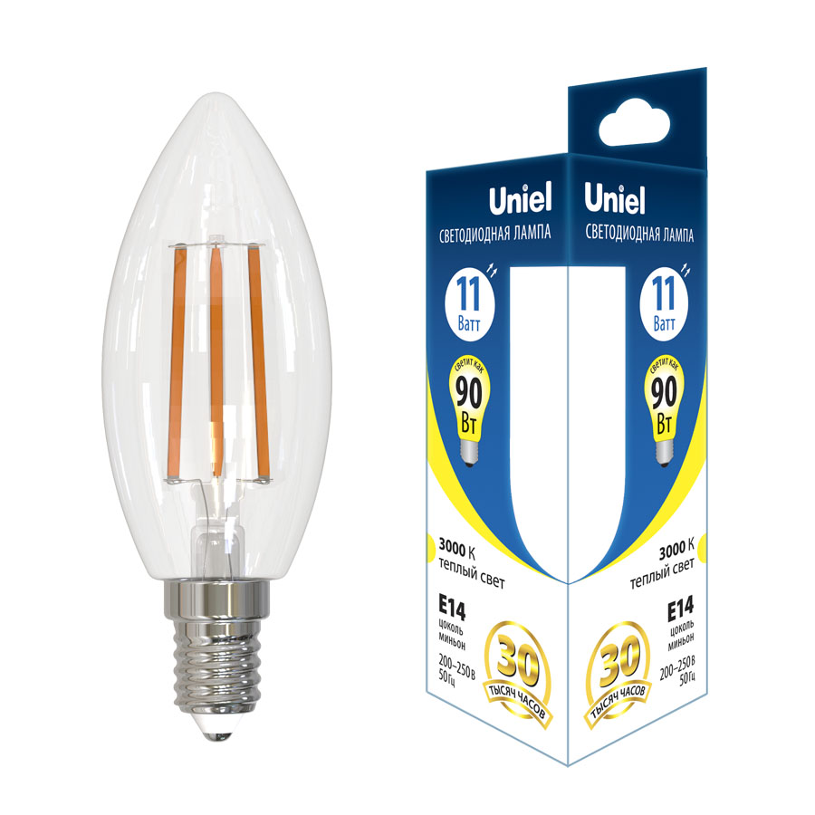 Лампа светодиодная филаментная Uniel E14 11W 3000K свеча прозрачная LED-C35-11W/3000K/E14/CL GLA03TR UL-00006847 в Санкт-Петербурге