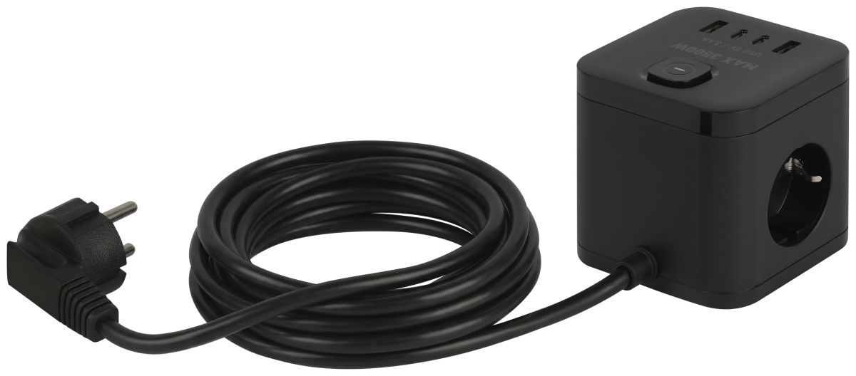 Сетевой фильтр ЭРА CUBE-3es-1,5m-4USB-B куб с заземлением с выключателем 3 розетки+4xUSBA+C 1,5м 16А черный Б0069074 в Санкт-Петербурге