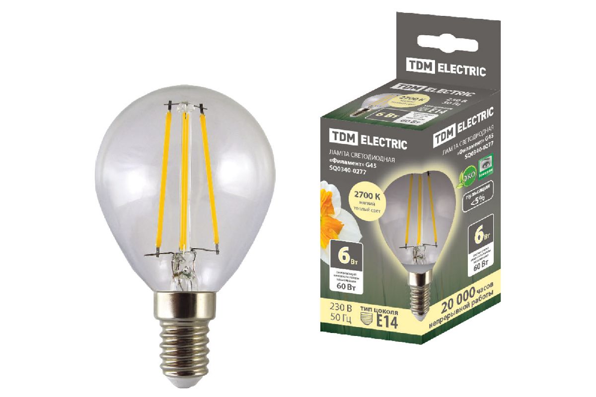 Лампа светодиодная филаментная TDM Electric Е14 6W 2700K прозрачная SQ0340-0277 в Санкт-Петербурге