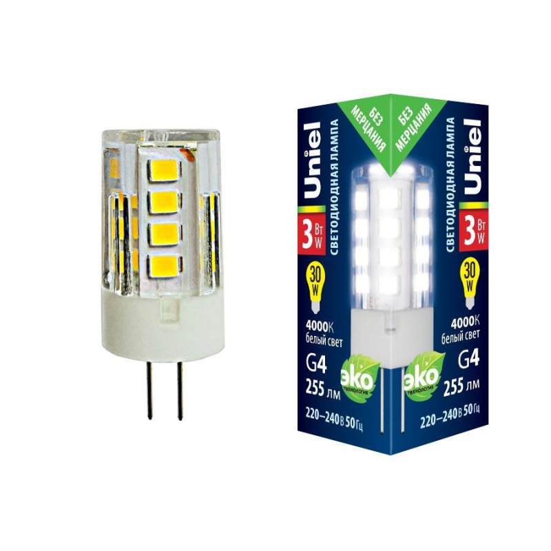 Лампа светодиодная (UL-00006743) Uniel G4 3W 4000K прозрачная LED-JC-220/3W/4000K/G4/CL GLZ09TR в #REGION_NAME_DECLINE_PP#