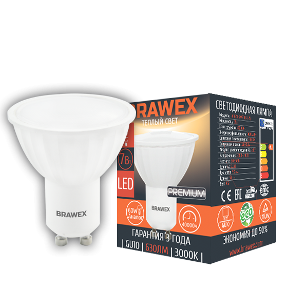 Светодиодная диммируемая лампа Brawex рефлектор матовый GU10 7Вт 3000K 4113G-PAR16k1T-7L в Санкт-Петербурге