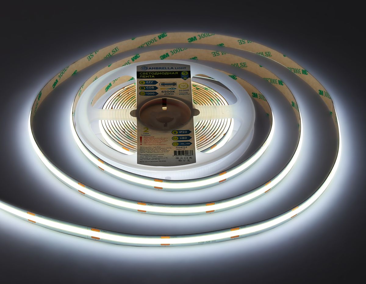 Светодиодная лента Ambrella Light Illumination COB 528Led/14W m/ 24V IP20 6500K/ 5m*10mm*2mm (2 конт.) GS4753 в Санкт-Петербурге