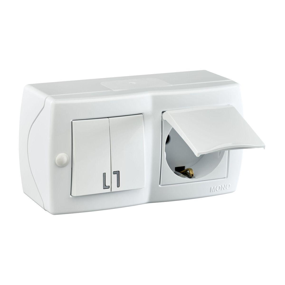 Выключатель двухклавишный + розетка с заземлением и крышкой Mono Electric Octans IP20 10А 250В белый 104-010101-187 в Санкт-Петербурге