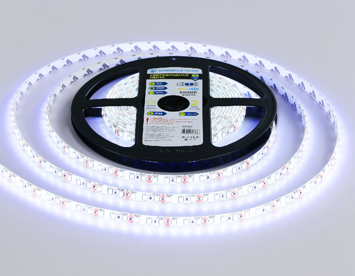 Светодиодная лента Ambrella Light LED Strip 12В 2835 9,6Вт/м 6500K 5м IP65 GS1203 в Санкт-Петербурге