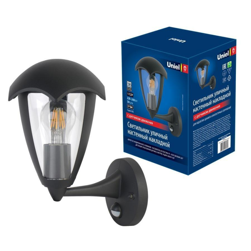 Уличный настенный светильник (UL-00006813) Uniel UUL-S81A 60W/E27 Sensor IP54 Black в Санкт-Петербурге