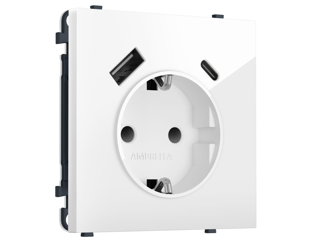 Комплект механизма электрической розетки SIGMA Белый глянец 2USB A+C 20W Ambrella Volt MS110010 (SP1100, PR160) в Санкт-Петербурге
