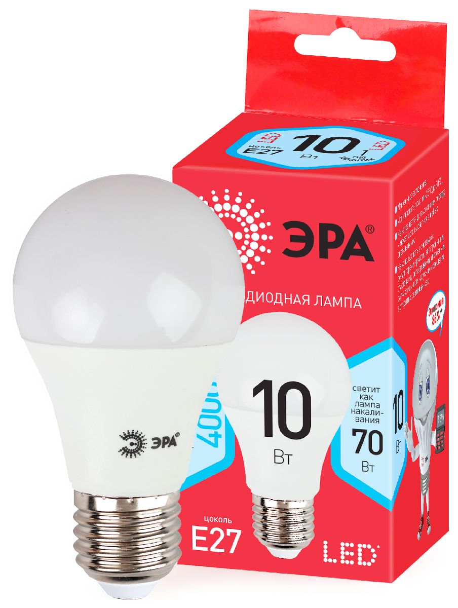 Лампа светодиодная Эра E27 10W 4000K ECO LED A60-10W-840-E27 Б0028005 в #REGION_NAME_DECLINE_PP#