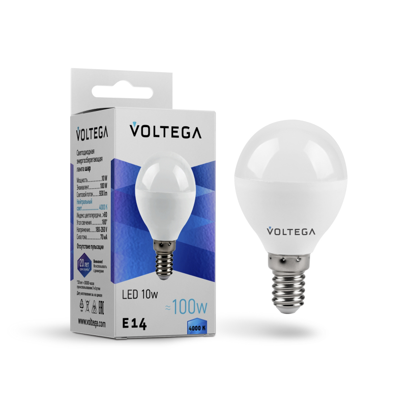 Лампа светодиодная Voltega E14 10W 4000K шар матовый VG2-G45E14cold10W 8454 в Санкт-Петербурге