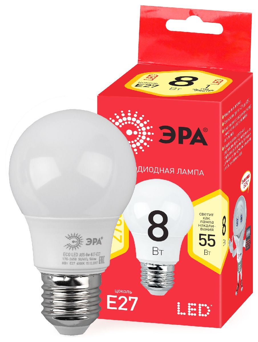 Лампа светодиодная Эра E27 8W 2700K ECO LED A55-8W-827-E27 Б0032095 в #REGION_NAME_DECLINE_PP#