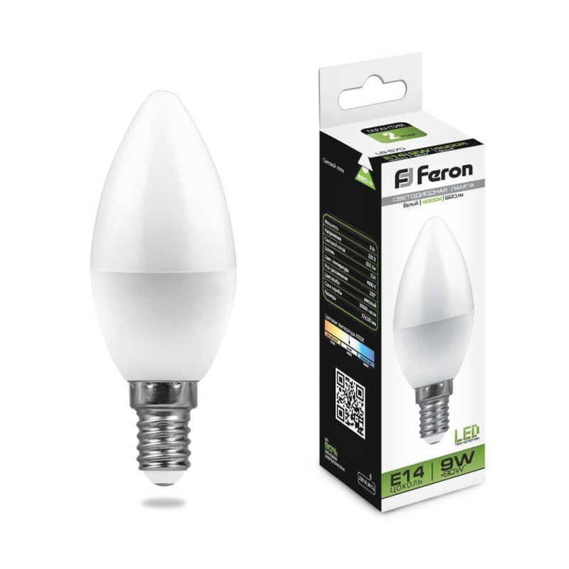 Лампа светодиодная Feron E14 9W 4000K Свеча Матовая LB-570 25799 в Санкт-Петербурге