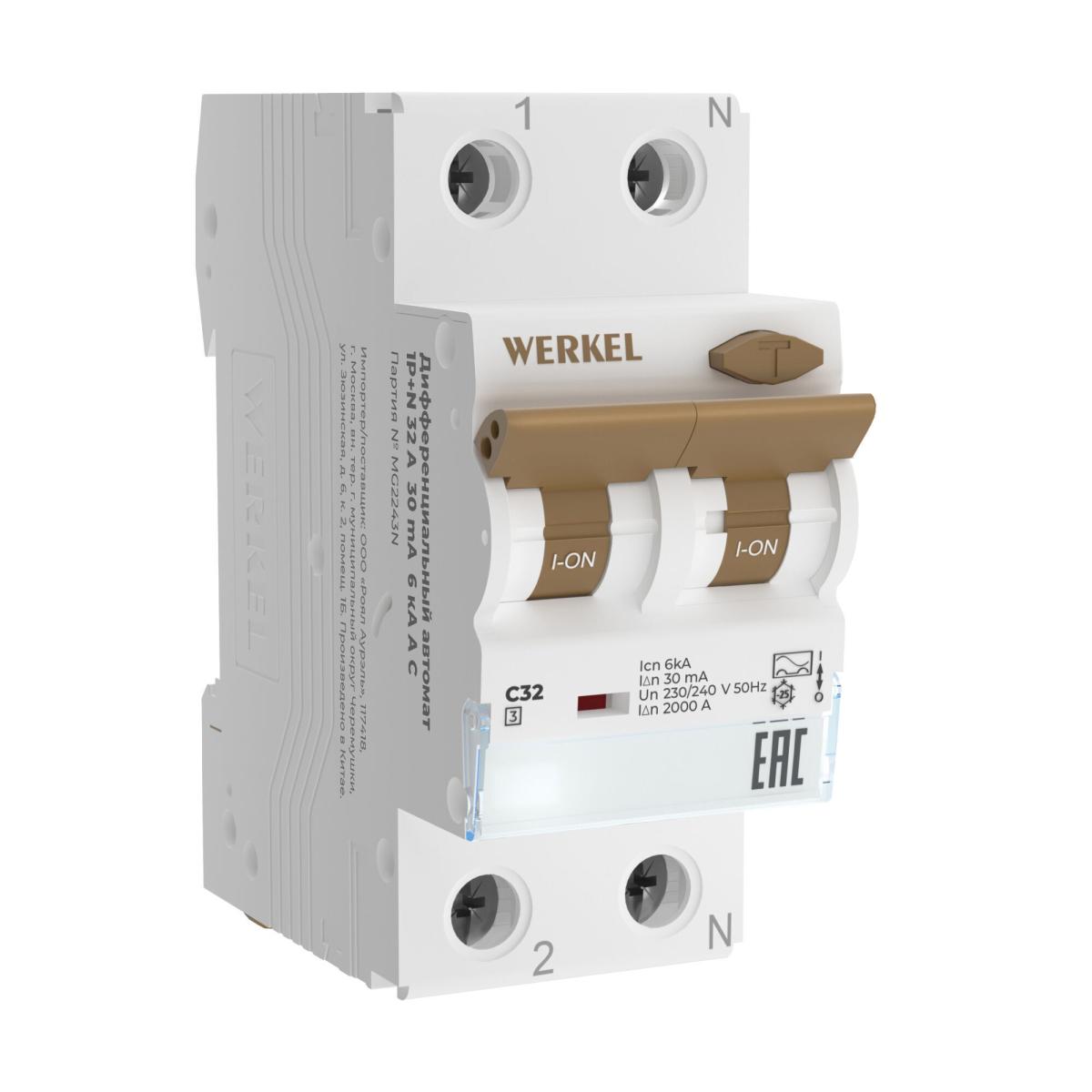 Дифференциальный автомат 1P+N 32 A 30 mА 6 kА C А Werkel W922P326 4690389193262 a062571 в Санкт-Петербурге