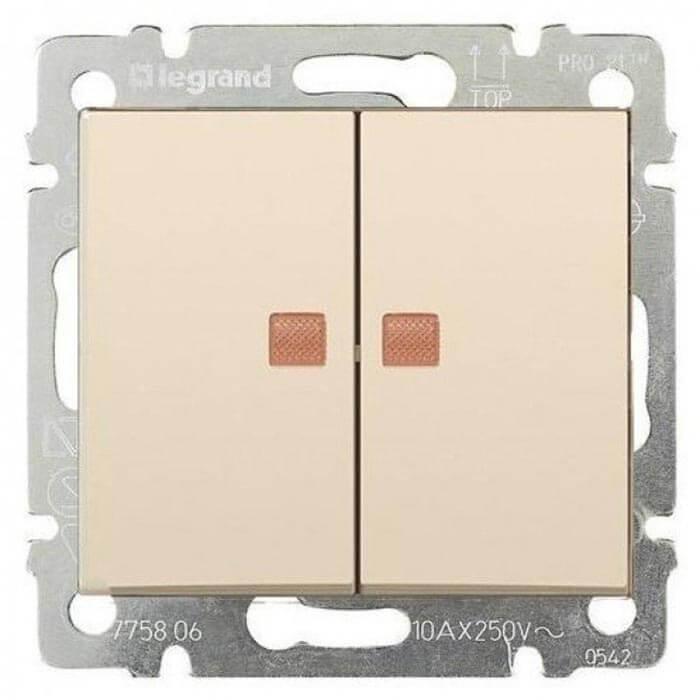 Переключатель двухклавишный Legrand Valena 10A 250V с подсветкой слоновая кость 774113 в Санкт-Петербурге