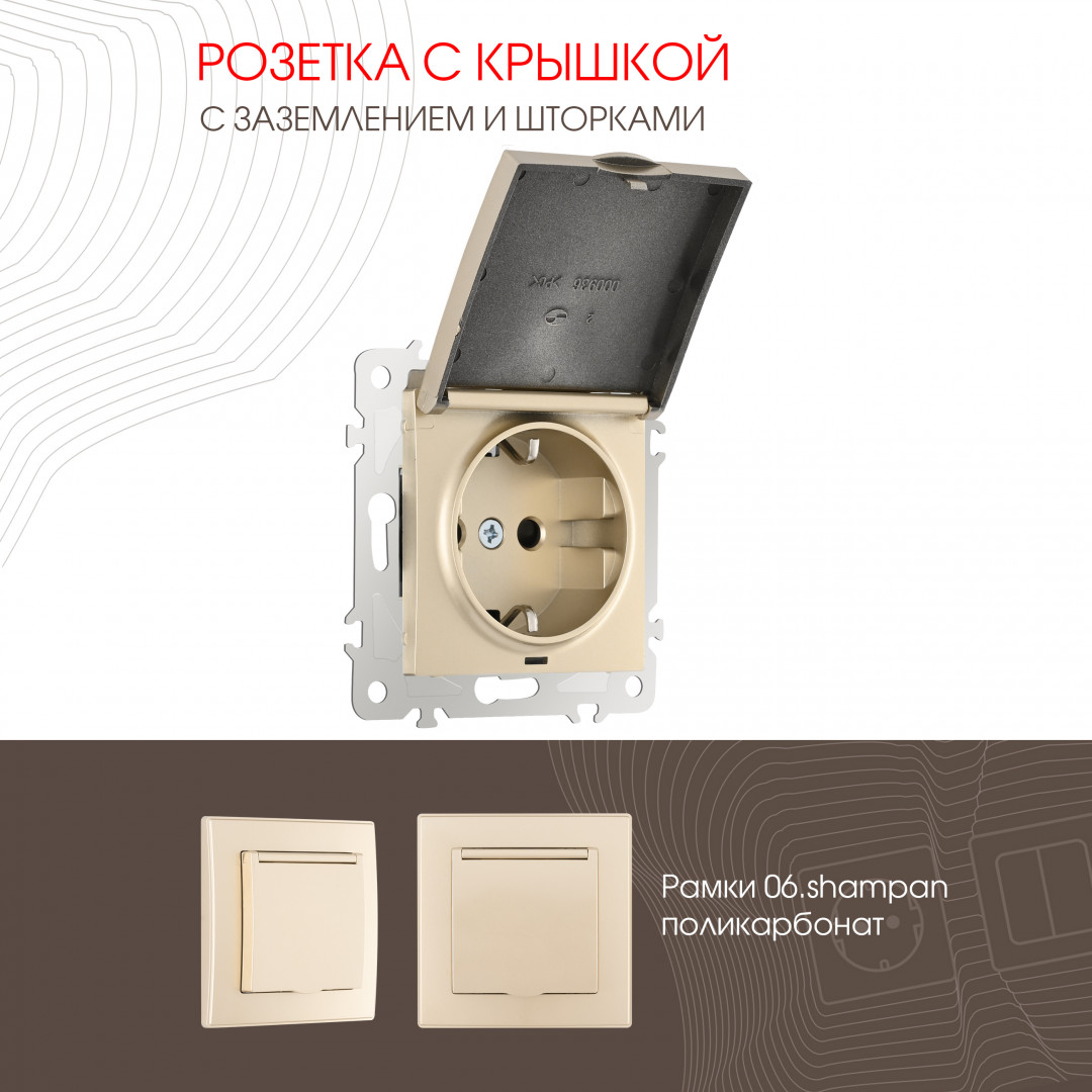 Розетка с заземлением, шторками и защитной крышкой Arte Milano 206.41-1.shampan в Санкт-Петербурге