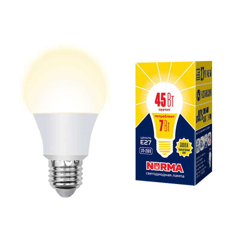 Лампа светодиодная Volpe Norma LED-A60-7W/3000K/E27/FR/NR картон UL-00005619 в Санкт-Петербурге