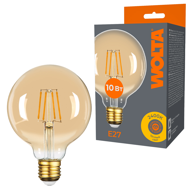 Лампа светодиодная филаментная WOLTA 10Вт 2400K Е27 шар прозрачный WF-G95-10W2.4KE27 в Санкт-Петербурге