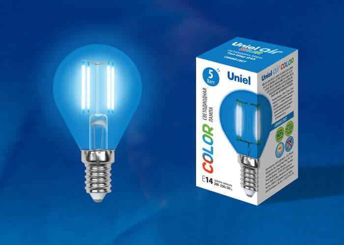 Лампа светодиодная филаментная (UL-00002989) Uniel E14 5W синий LED-G45-5W/BLUE/E14 GLA02BL в #REGION_NAME_DECLINE_PP#