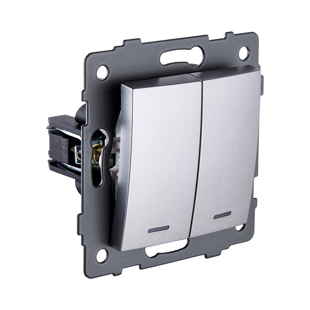 Выключатель 2-клавишный 10А/250В с LED подсветкой, изогнутый, серый Kollinger REA-R-008GY для Aspekt, Eleganz, Reflex в Санкт-Петербурге