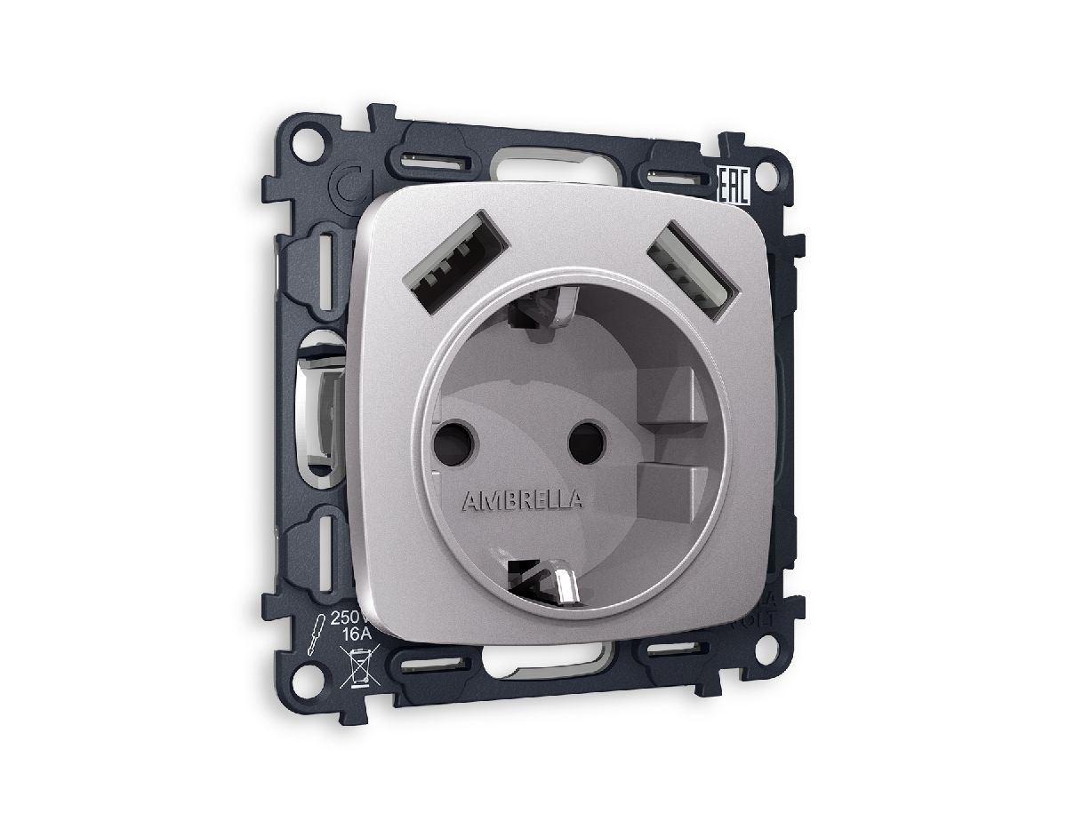Комплект механизма розетки 2USB A+A 18W (быстрая зарядка) с/з Ambrella Volt Omega MO509010 в Санкт-Петербурге