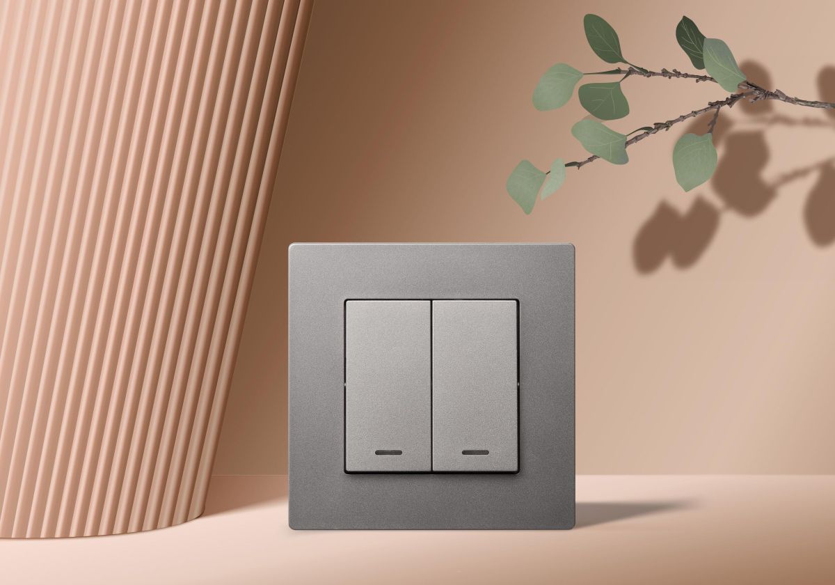 Выключатель 2-клавишный 10А/250В с LED подсветкой, изогнутый, серый Kollinger REA-R-008GY для Aspekt, Eleganz, Reflex в Санкт-Петербурге