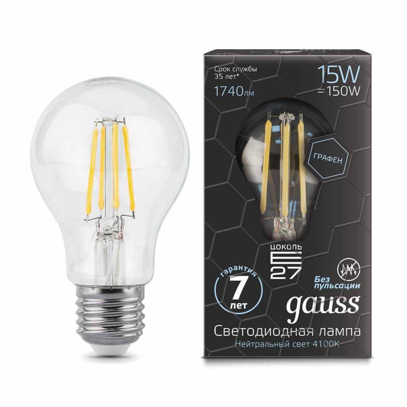 Лампа светодиодная филаментная Gauss E27 15W 4100К прозрачная 102802215 в Санкт-Петербурге