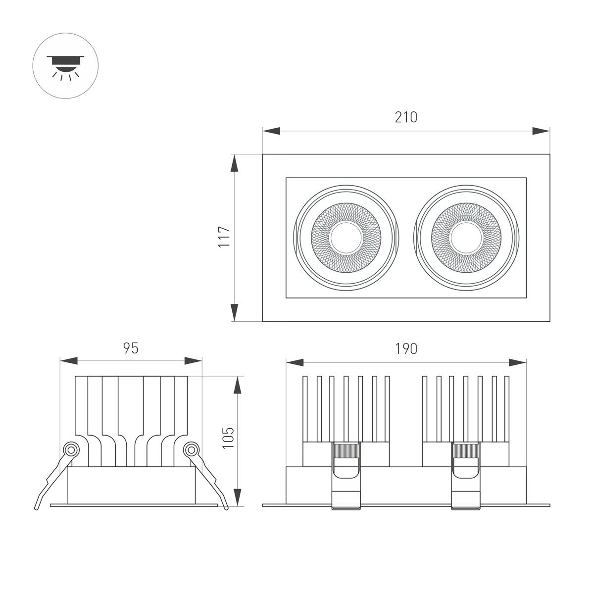 Встраиваемый карданный светильник Arlight MS-VORTEX-BUILT-S210x117-2x20W Day4000 (BK-BK, 40 deg, 230V) (IP20 Металл) 058441 в Санкт-Петербурге