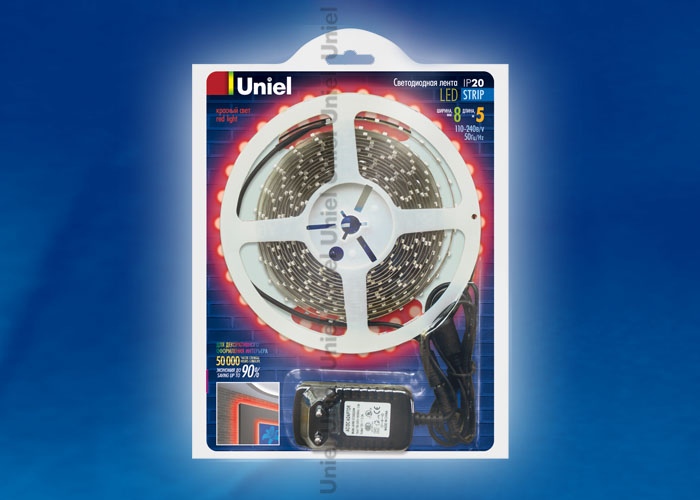 Светодиодная лента Uniel ULS-3528-60LED/m-8mm-IP20-DC12V-5M-RED блистер 04688 в Санкт-Петербурге