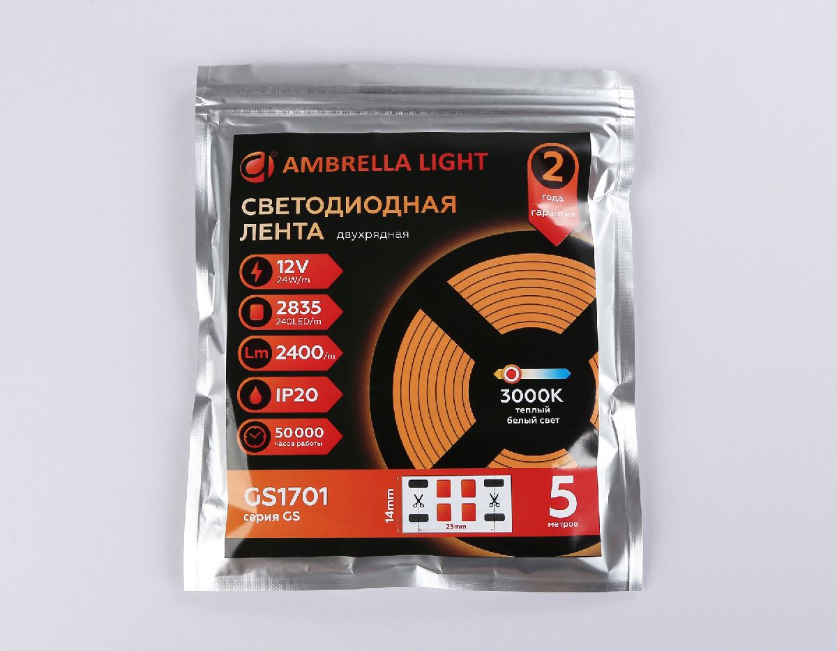 Светодиодная лента двухрядная Ambrella Light LED Strip 12В 2835 24Вт/м 3000K 5м IP20 GS1701 в #REGION_NAME_DECLINE_PP#