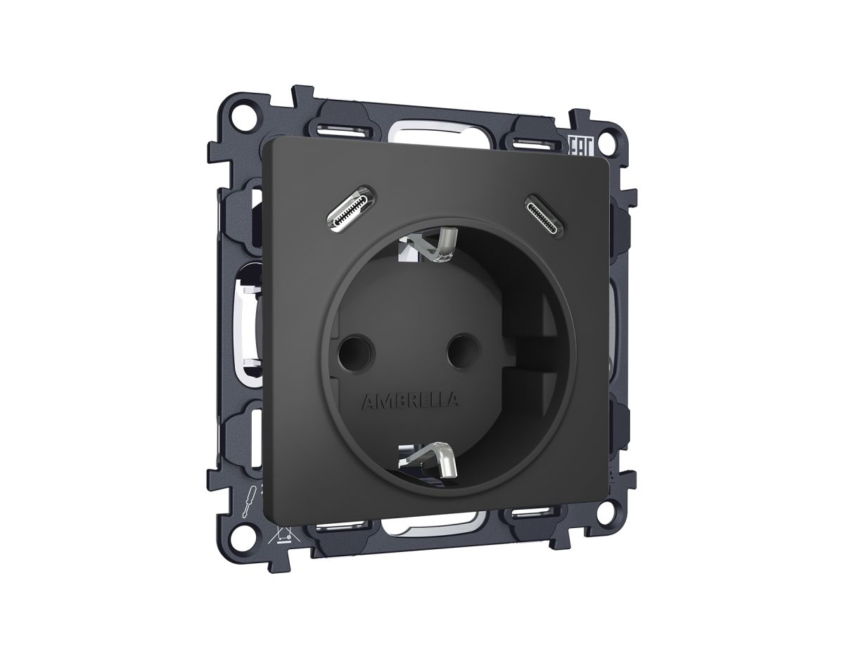 Комплект механизма электрической розетки 2USB С+C 20W с/з на винтовых зажимах 16A-250V Alfa Графит мягкое касание Quant Ambrella Volt MA910510 (AP9105, VM165) в #REGION_NAME_DECLINE_PP#