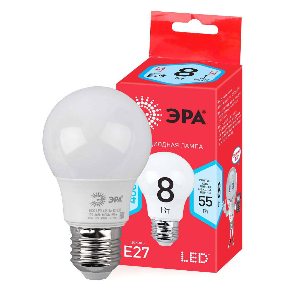 Лампа светодиодная Эра E27 8W 4000K LED A55-8W-840-E27 R Б0052382 УЦ в Санкт-Петербурге