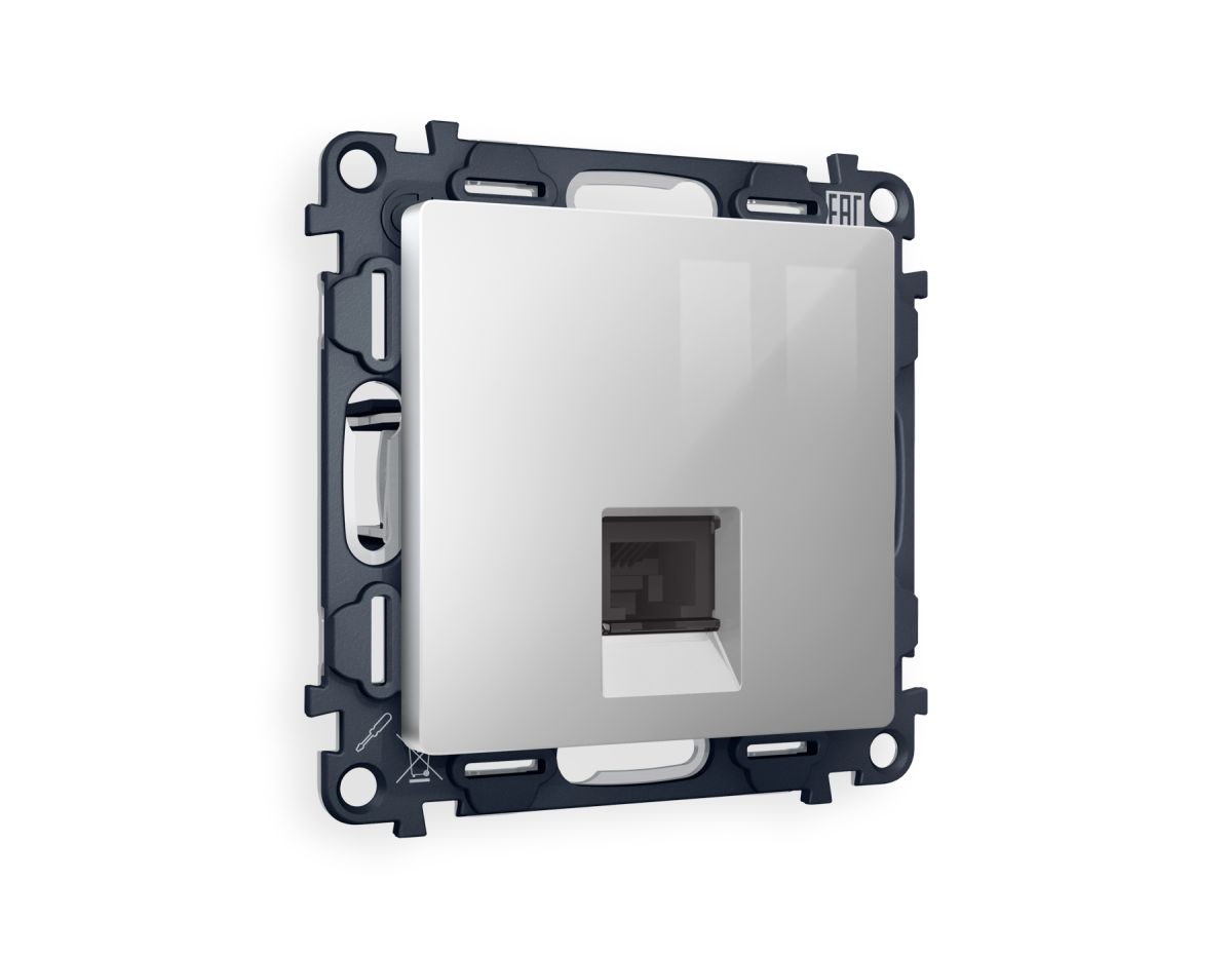 Комплект механизма компьютерной розетки RJ-45 экранированной с автоматической защитной шторкой Alfa Серебро глянец Quant Ambrella Volt MA412005 (AP4120, VM185) в #REGION_NAME_DECLINE_PP#