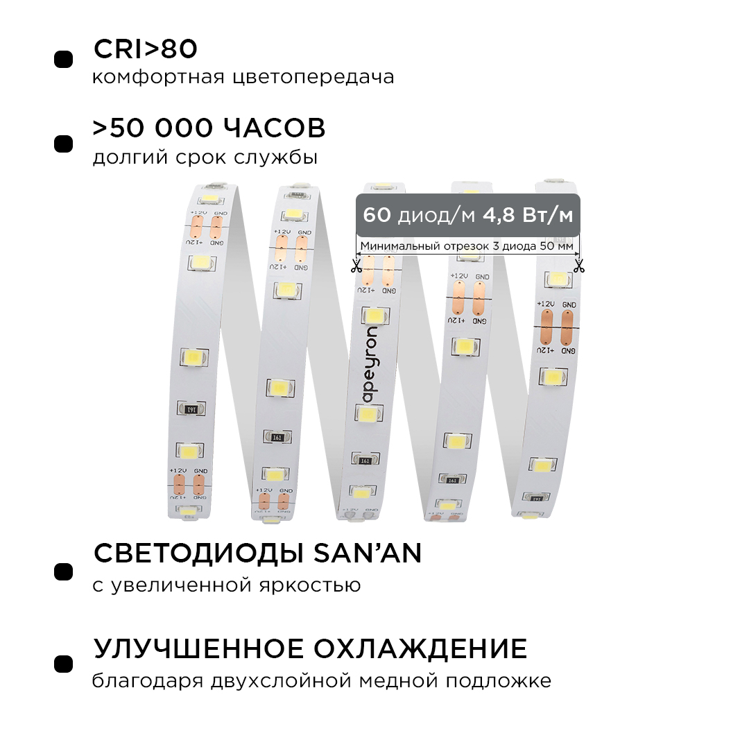 Комплект светодиодной ленты Apeyron 12В 4.8Вт/м smd 3528 60 д/м IP20 2,5м 6500K (блок, коннектор) 10-07 в Санкт-Петербурге