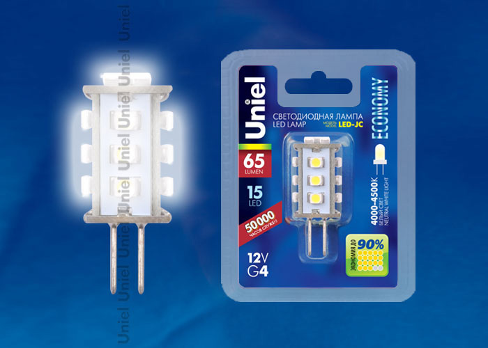 Лампа светодиодная (04952) Uniel G4 0,9W 4500K прозрачная LED-JC-12/0,9W/NW/G4 65lm в #REGION_NAME_DECLINE_PP#