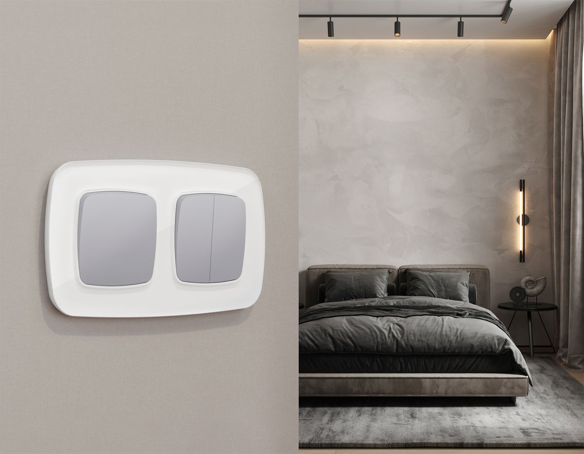 Комплект механизма 2-клавишного перекрестного выключателя Ambrella Volt 10A-250V OMEGA MO503030 Сталь матовый QUANT (OP5030, VM125) в Санкт-Петербурге