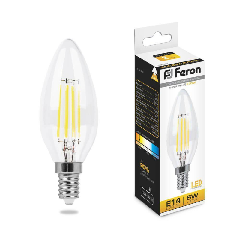 Лампа светодиодная филаментная Feron E14 5W 2700K Свеча Прозрачная LB-58 25572 в #REGION_NAME_DECLINE_PP#