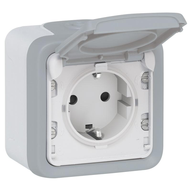 Розетка 2К+З Legrand Plexo 16A 250V с крышкой немецкий стандарт серая 069733 в Санкт-Петербурге