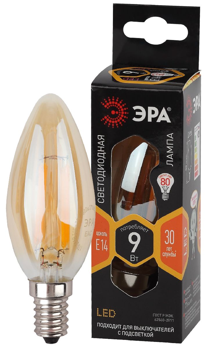 Лампа светодиодная Эра E14 9W 2700K F-LED B35-9W-827-E14 gold Б0047034 в Санкт-Петербурге