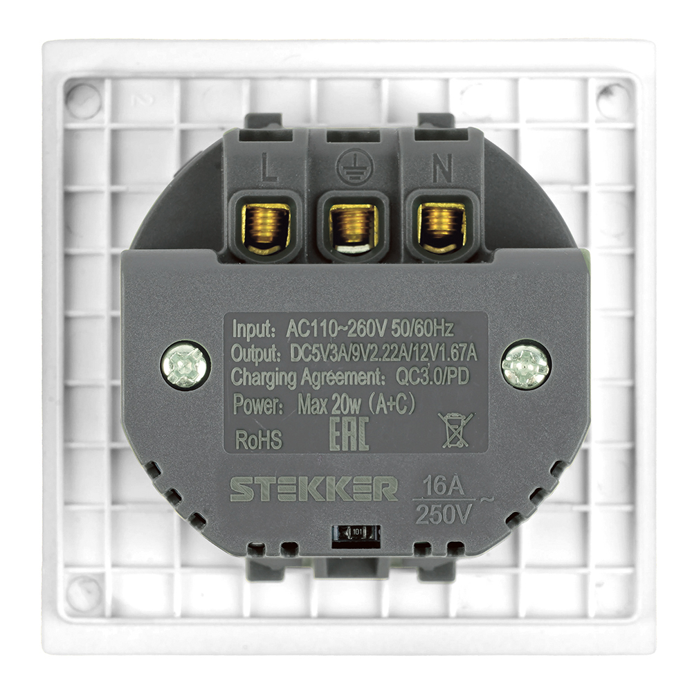 Розетка 1-местная 16А + USB + Type C (механизм) Stekker 250В 20W Мия RST16-3119-01 50438 в #REGION_NAME_DECLINE_PP#