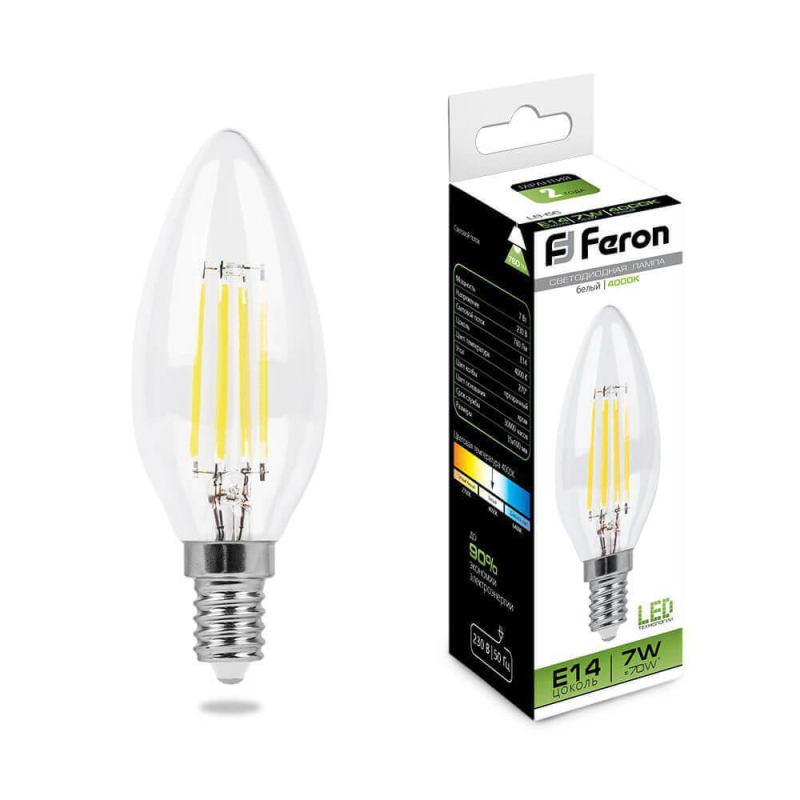 Лампа светодиодная филаментная Feron E14 7W 4000K Свеча Прозрачная LB-66 25780 в Санкт-Петербурге