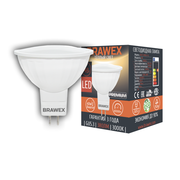 Лампа светодиодная Brawex PREMIUM рефлектор матовый GU5.3 4Вт 3000K 3607J-MR16k1-4L в #REGION_NAME_DECLINE_PP#