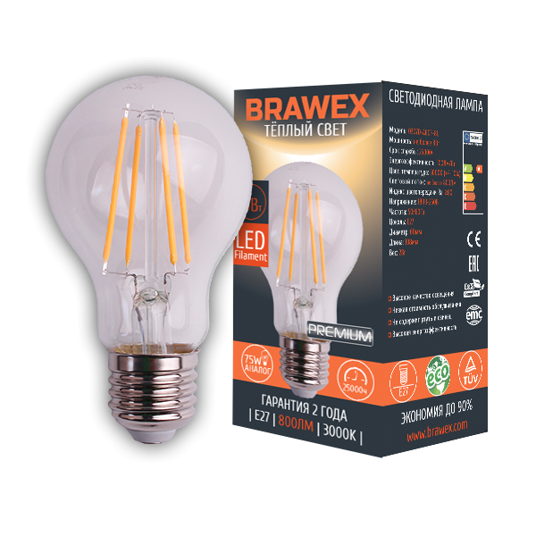 Лампа светодиодная Brawex филамент груша прозрачная E27 8Вт 3000K 0307D-A60F-8L в #REGION_NAME_DECLINE_PP#