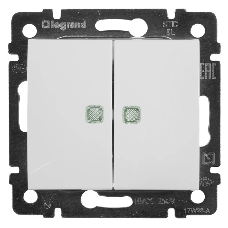 Переключатель двухклавишный на 2 направления Legrand Valena 10A 250V с подсветкой белый 774212 в Санкт-Петербурге