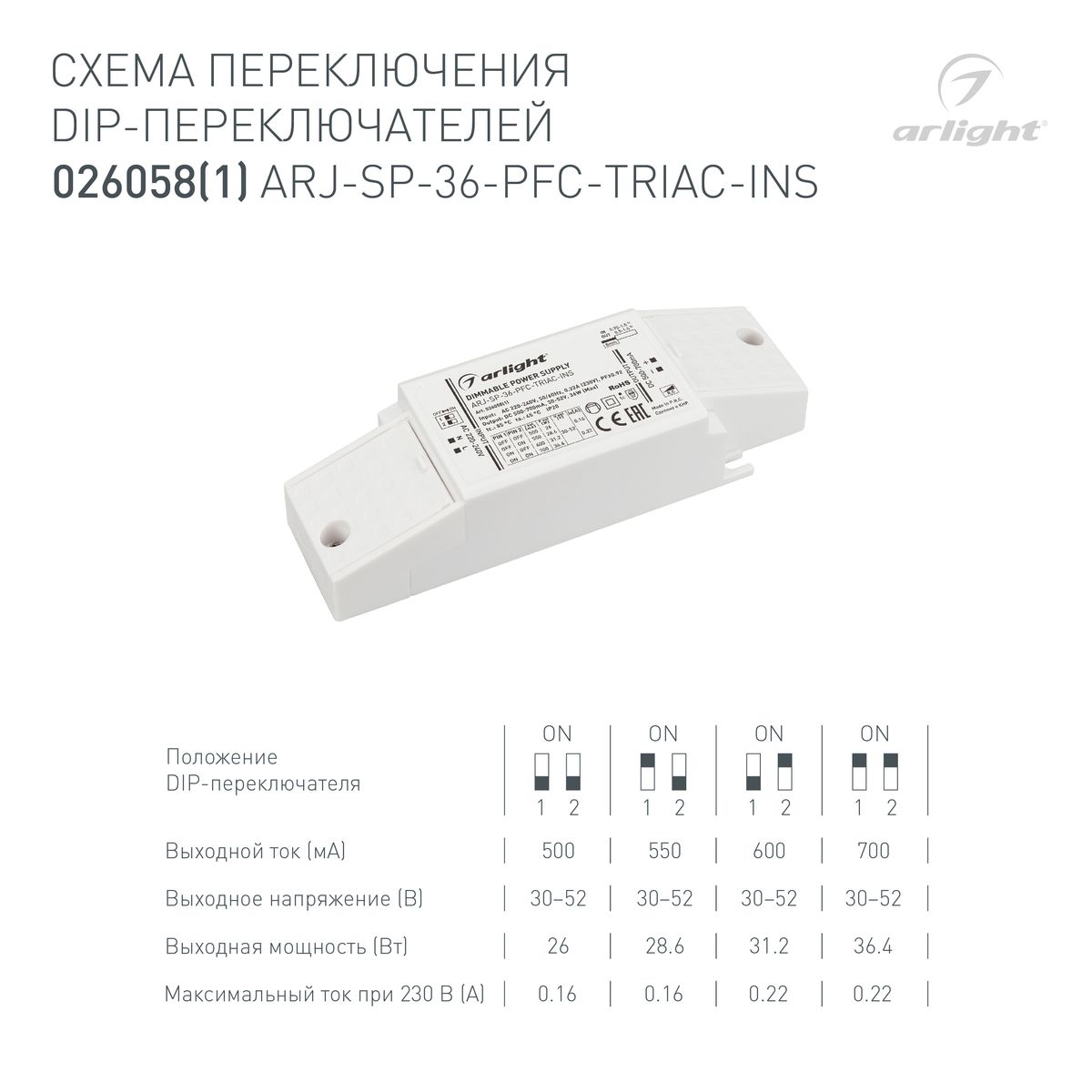 Блок питания Arlight ARJ-SP-36-PFC-Triac-INS (36W, 30-52V, 0.5-0.7A) 026058(1) в Санкт-Петербурге