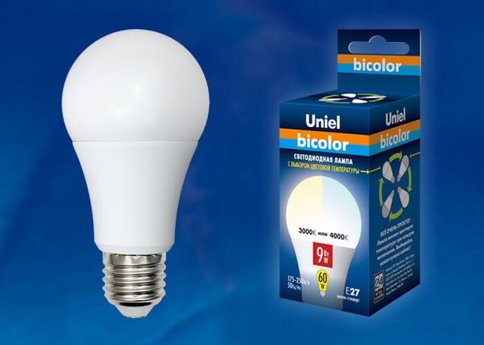 Лампа светодиодная (UL-00001569) Uniel E27 9W 4000K матовая LED-A60-9W/WW+NW/E27/FR PLB01WH в #REGION_NAME_DECLINE_PP#