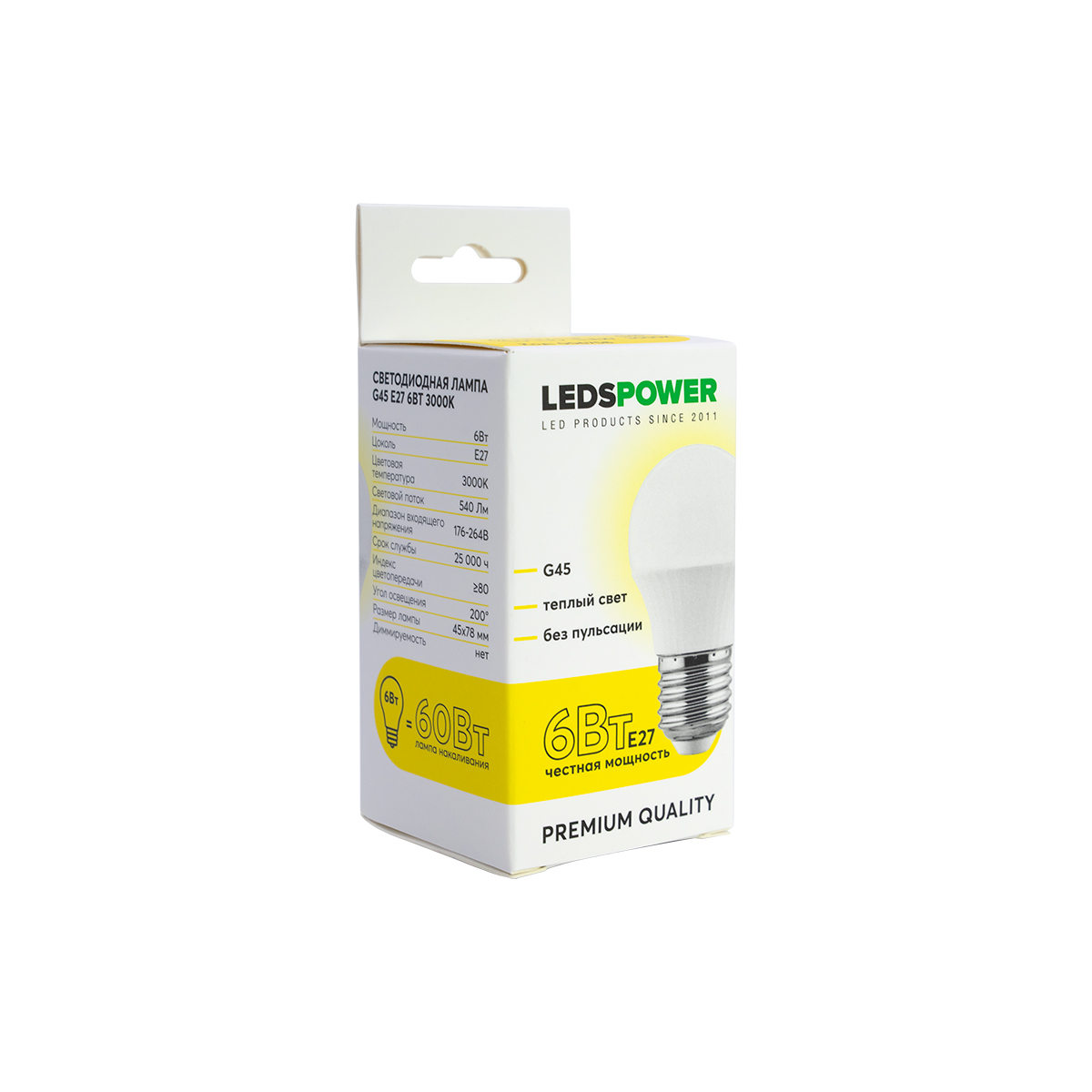 Светодиодная лампа LEDS POWER G45 E27 6Вт 3000К 006758 в Санкт-Петербурге