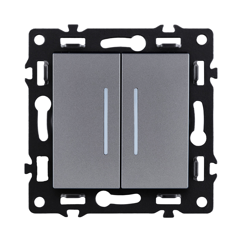 Выключатель 2-клавишный проходной 10А/250В с LED подсветкой, серый Kollinger Asthetik AS-011GY в #REGION_NAME_DECLINE_PP#